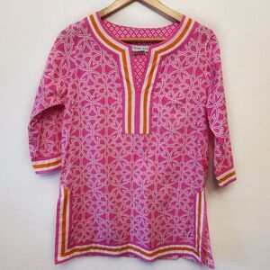 Gretchen Scott Orange Pink Geometric V Neck Tunic Blouse 3/4 Sleeve Size Small